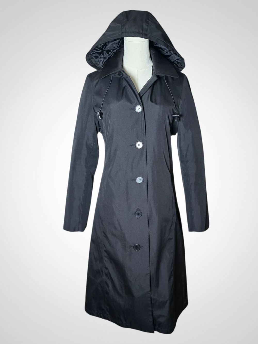 LINDEN GREY Hooded Black Trench Coat — 0R
